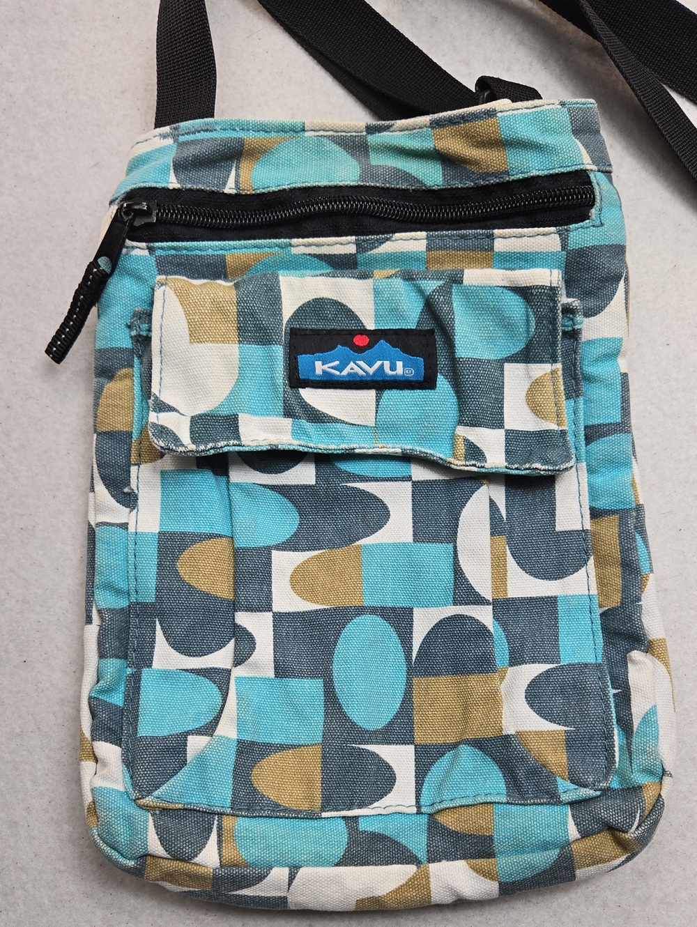 KAVU For Keeps Crossbody Canvas Bag Geometric Teal Olive Blue
